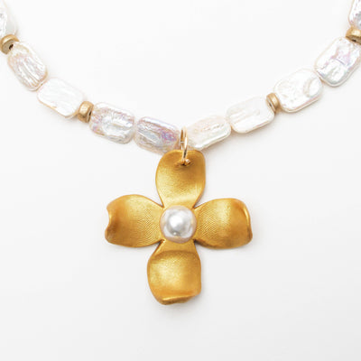 Rectangle Fresh Water Pearl with Dogwood Pearl Necklace