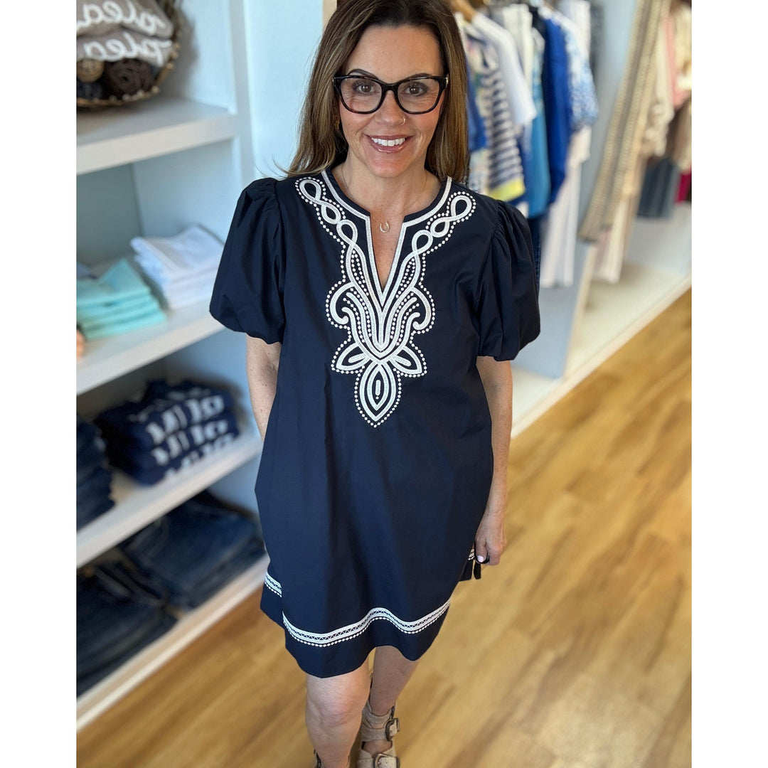 Short Sleeve Shift Dress  Navy 100% Cotton Embroidery | Sandy Toes Boutique