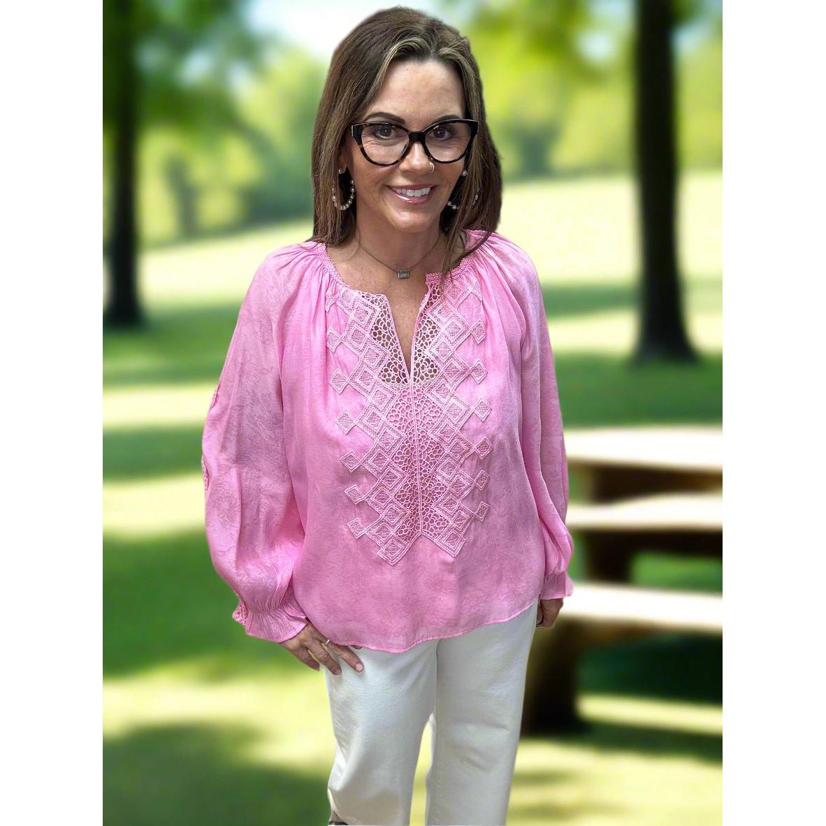 Jade Lace Trim Peasant Top - Pink