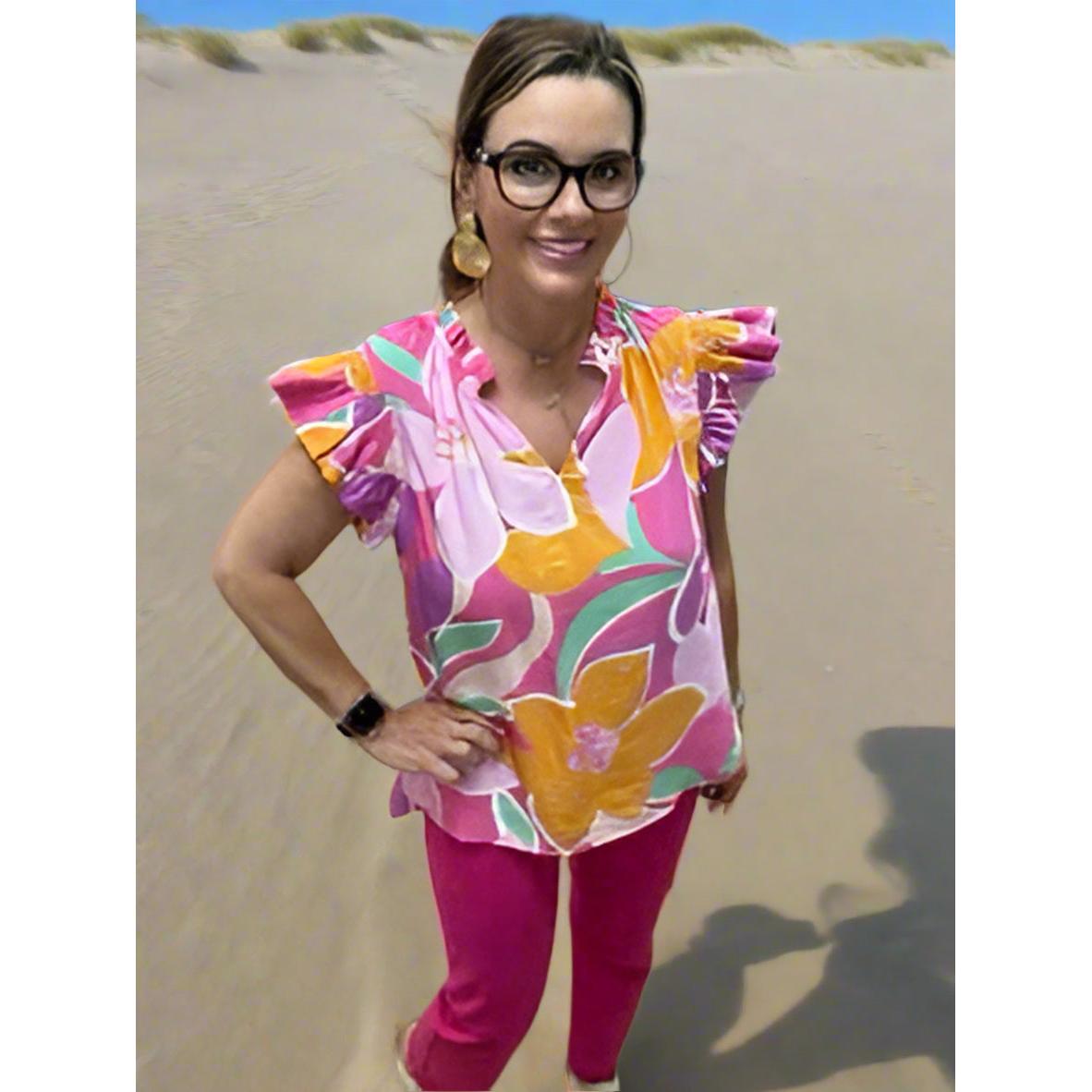 Floral Print Flutter Sleeve Blouse