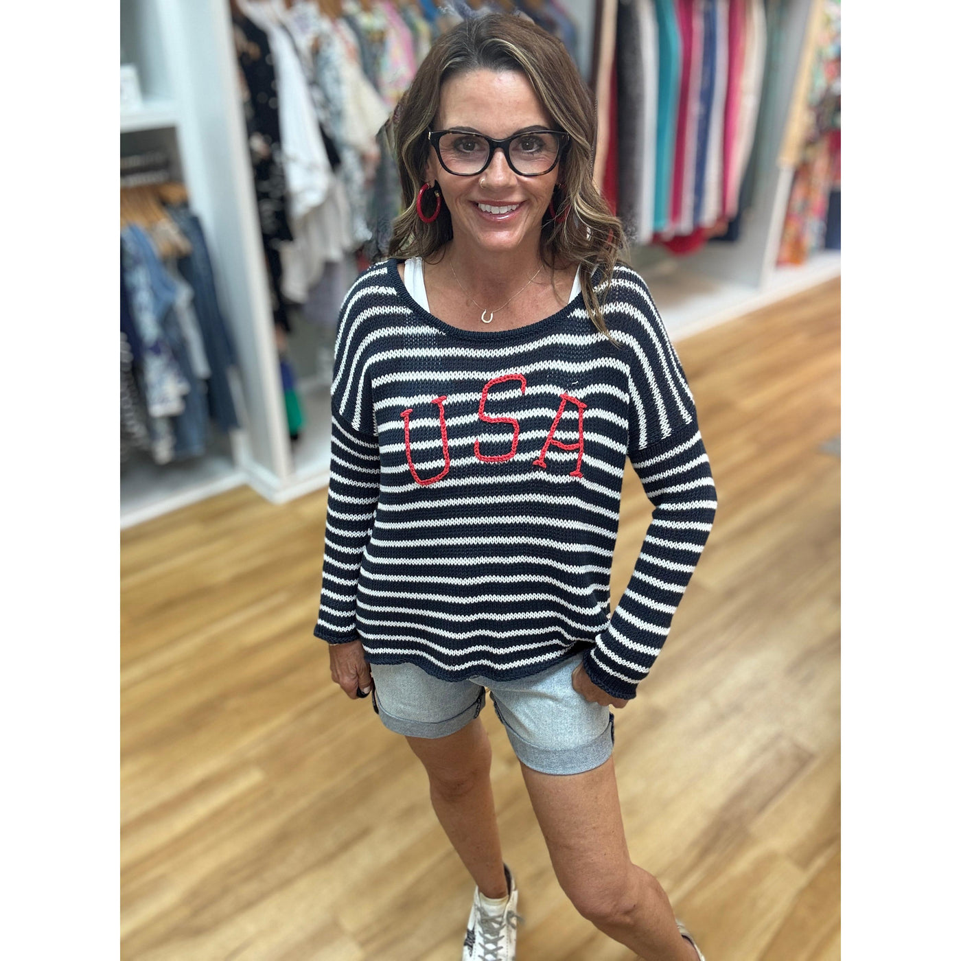Wooden Ships USA Striped Cotton Sweater