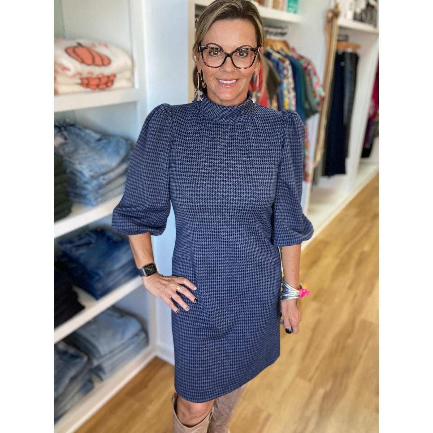 Tyler Boe Vicky Dress Houndstooth Navy