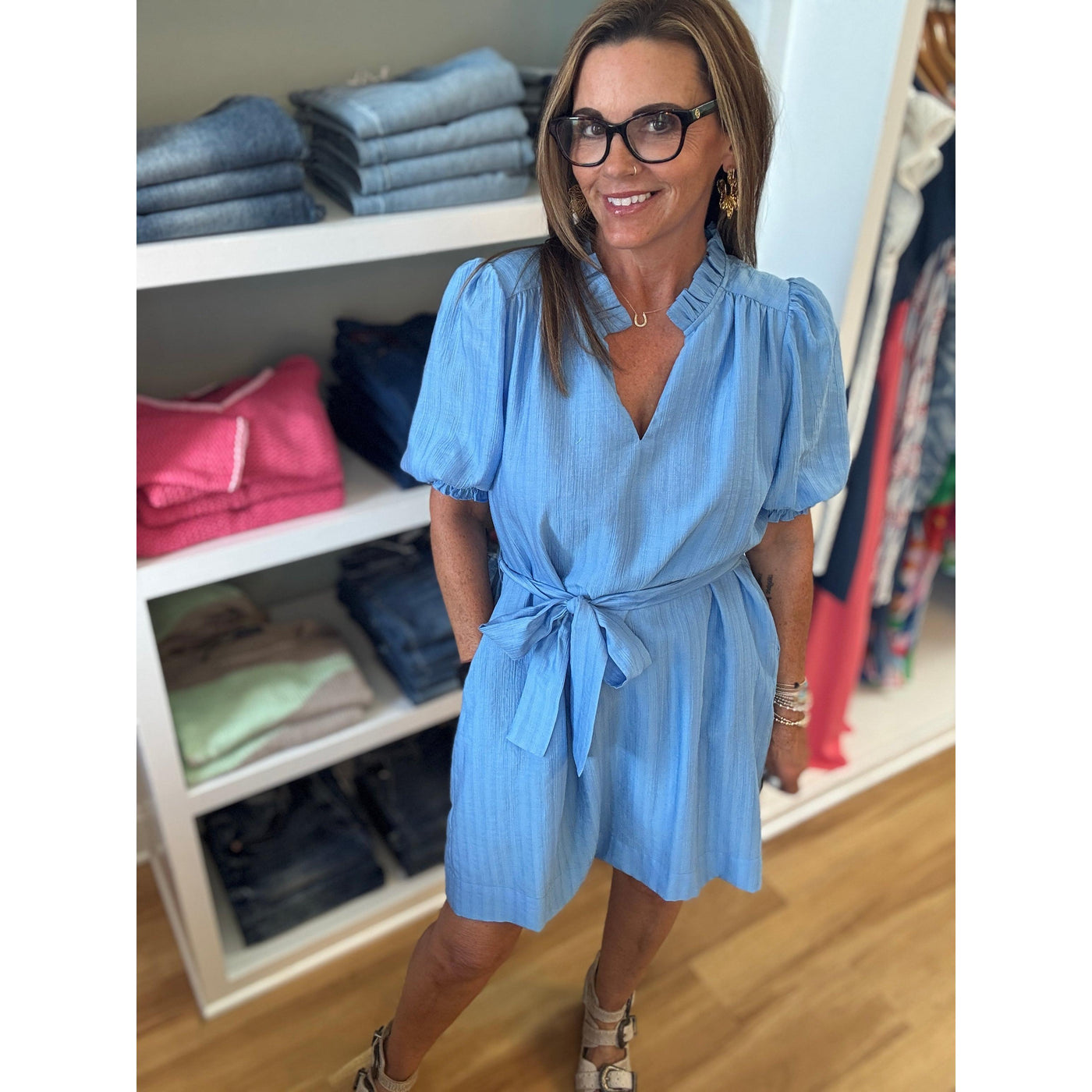 Joy Joy Ruffles Short Sleeve Dress - Blue