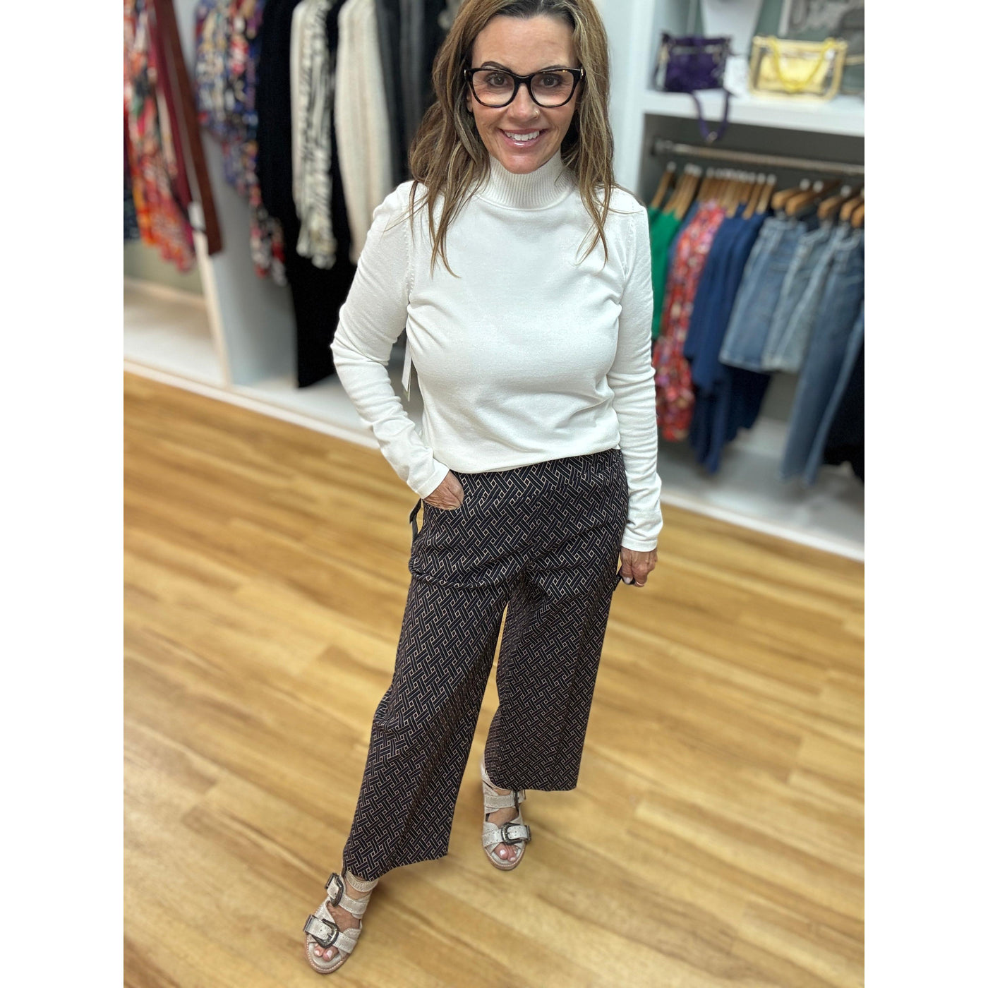 Pull On Wide Leg Crop Pant - Black Diamonds