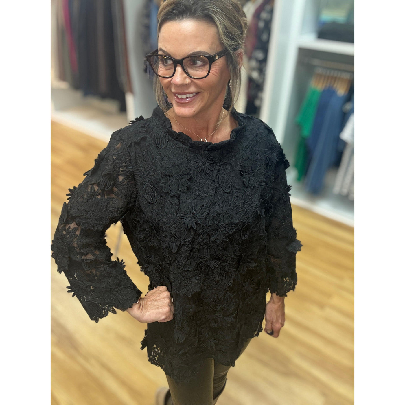 Ala Carte Lace Tie Neck Top - Black