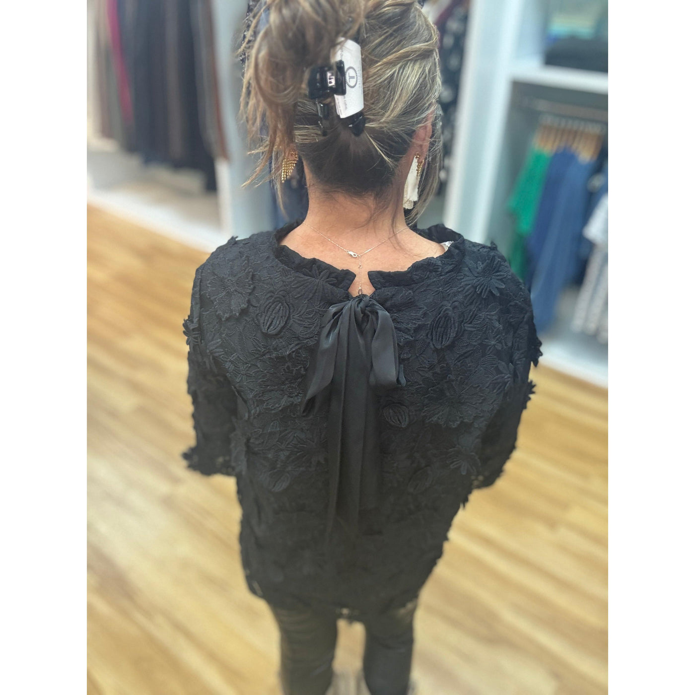 Ala Carte Lace Tie Neck Top - Black