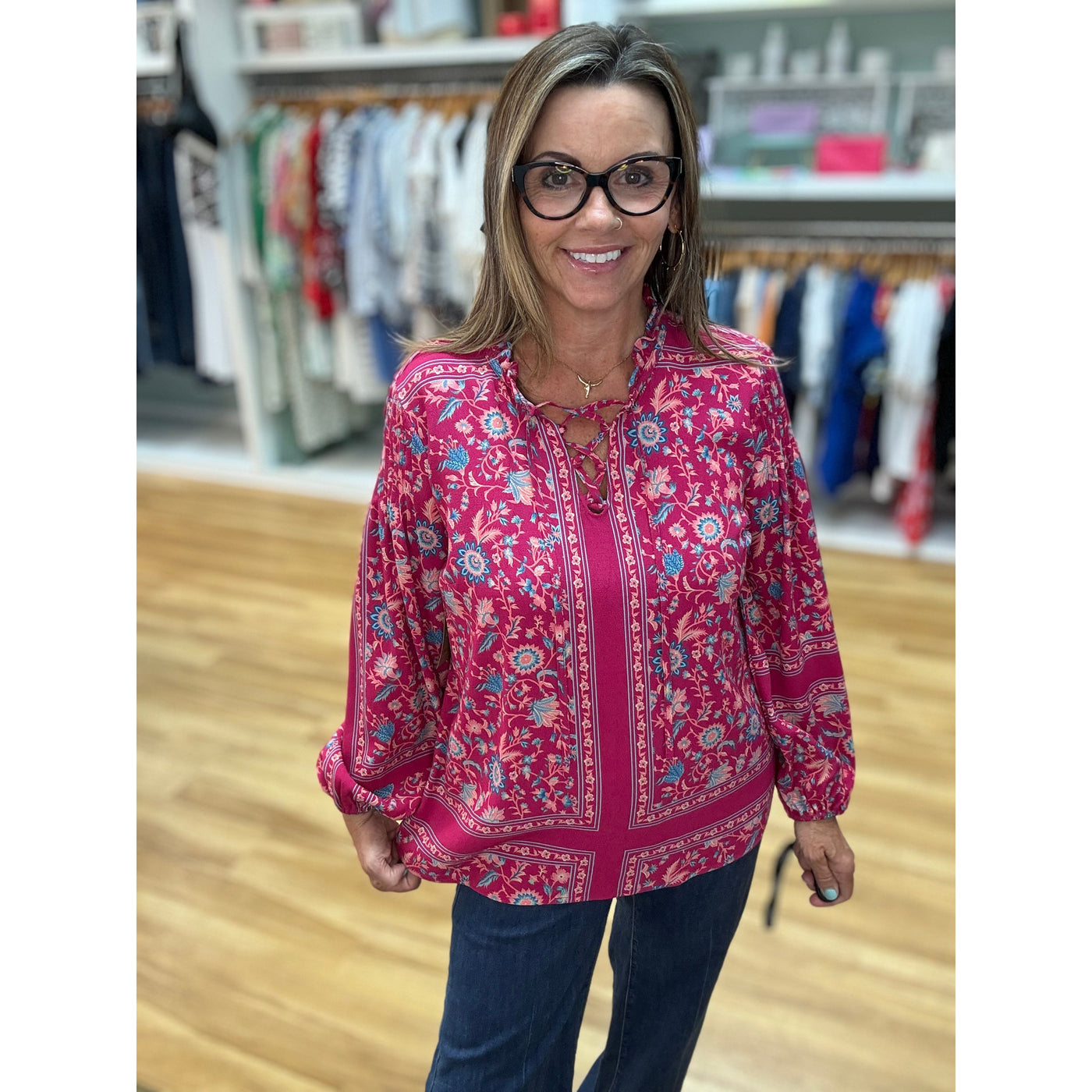 Tie Neck Top With Pintucked Sleeves