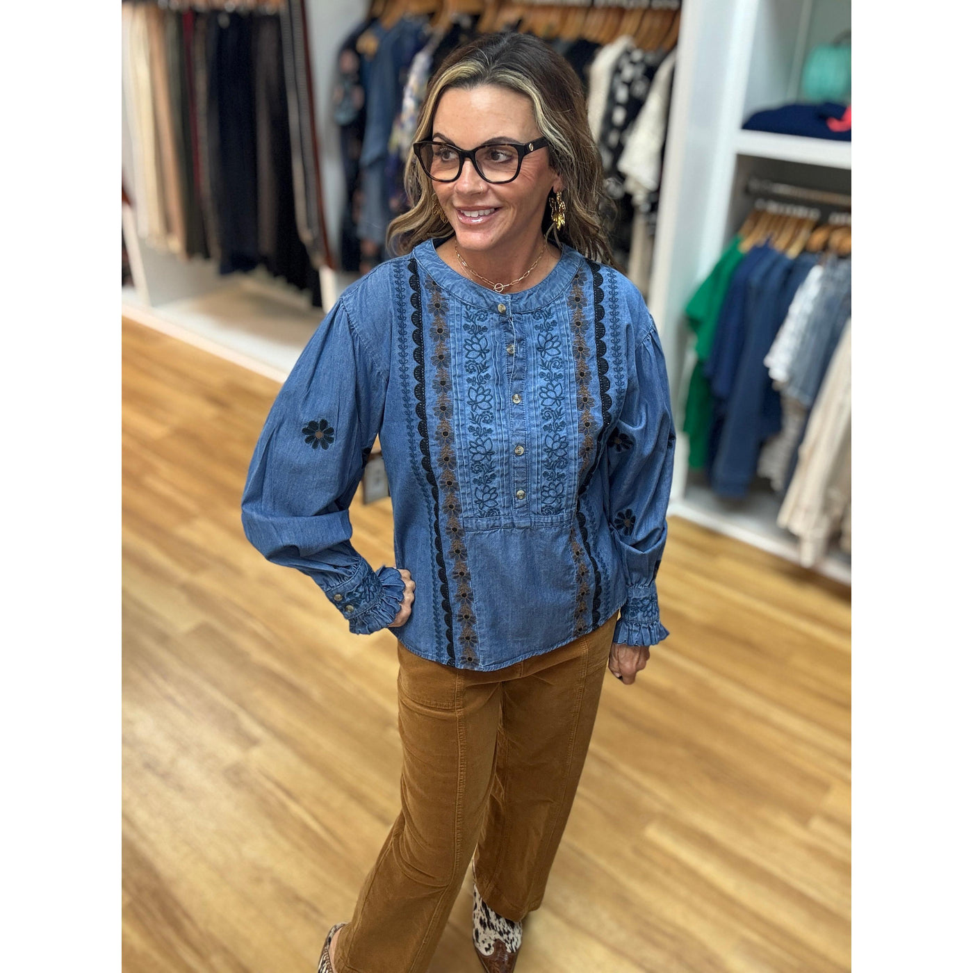 Tru Luxe Split Neck Top With Embroidery - Dark Indigo