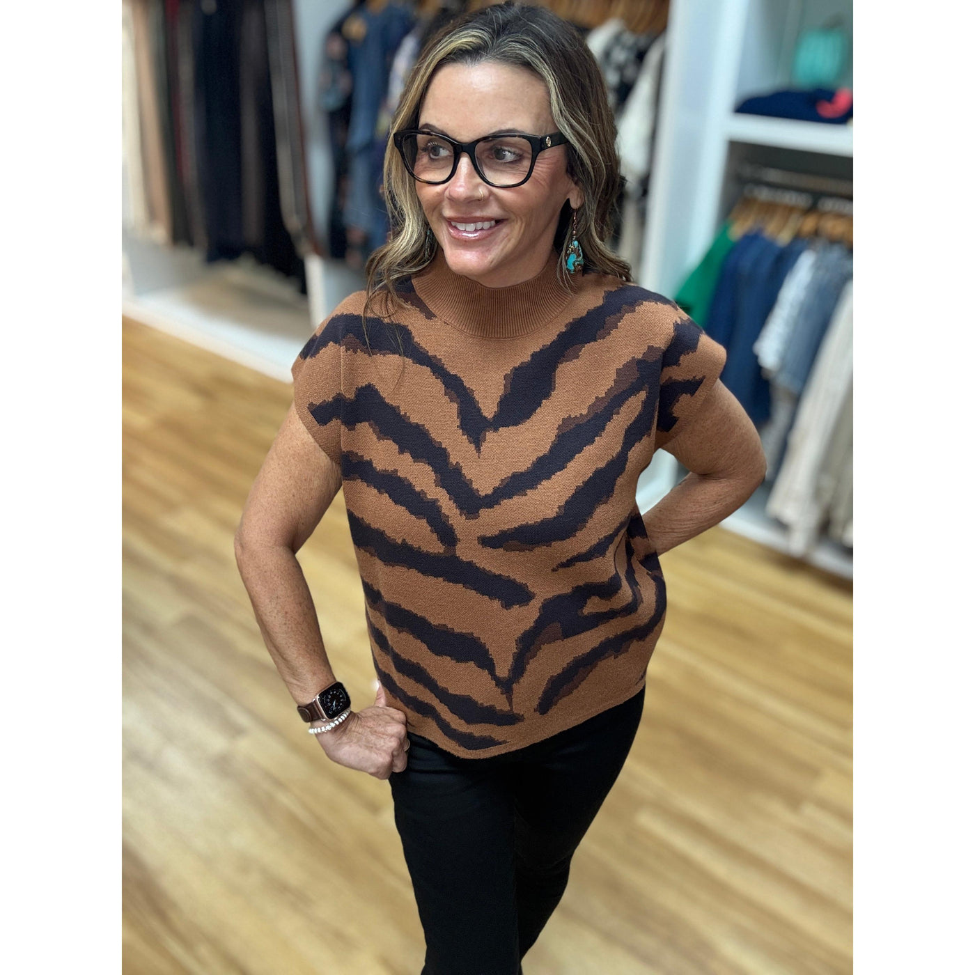 Animal Print Pullover Sweater - Camel