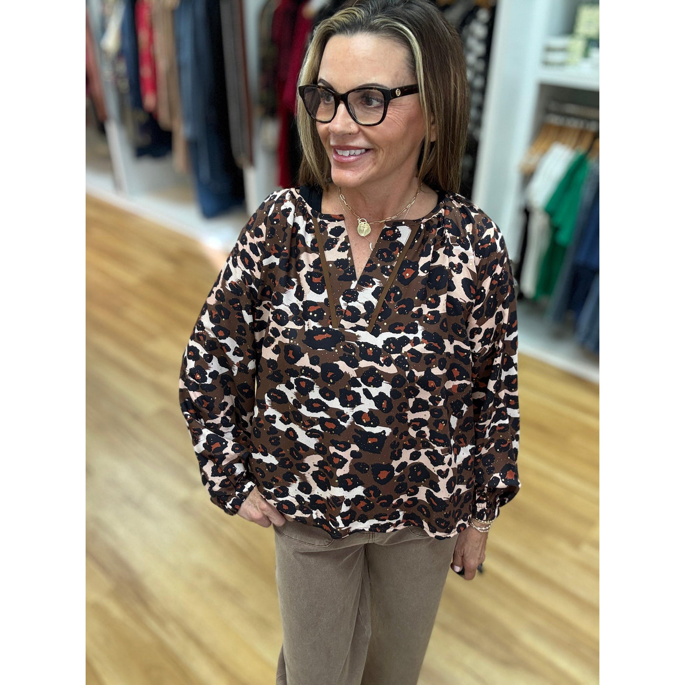 Jade Split Collar Peasant Top - Spiced Leopard