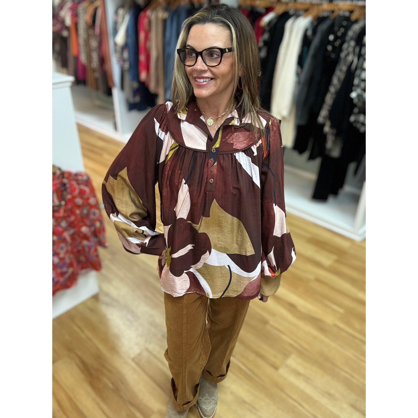 Jade Stand Collar Trim Blouse - Harvest Rhythm