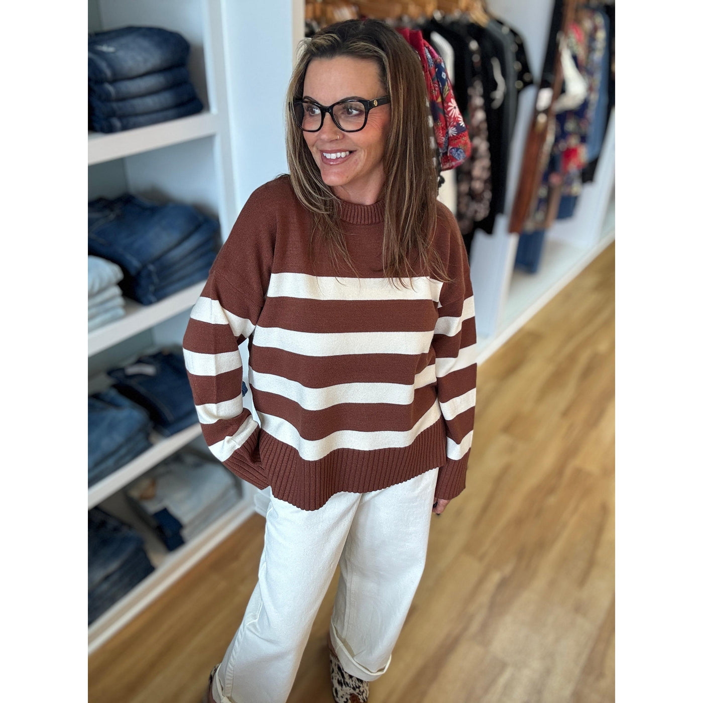 Striped Crew Neck Sweater - Chestnut & Cream