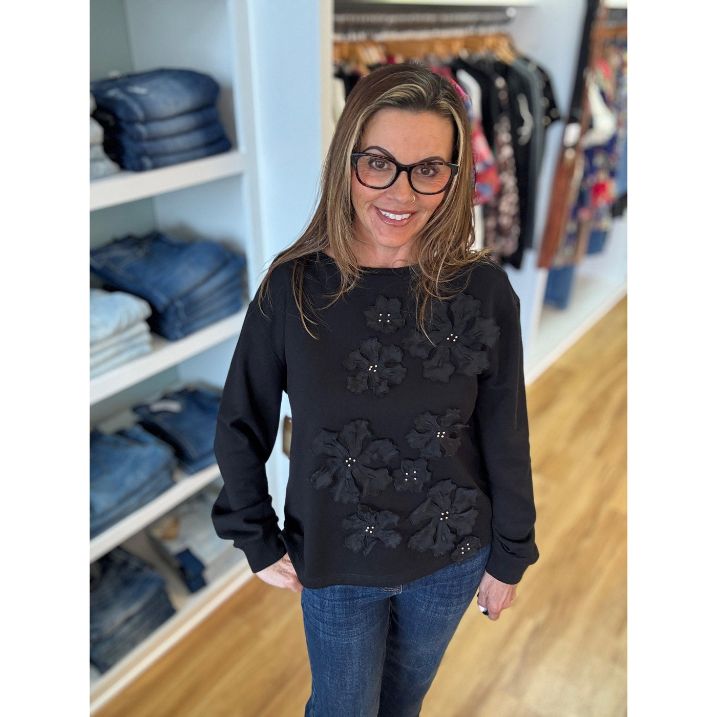 Tru Luxe Floral Crew Neck Top - Black