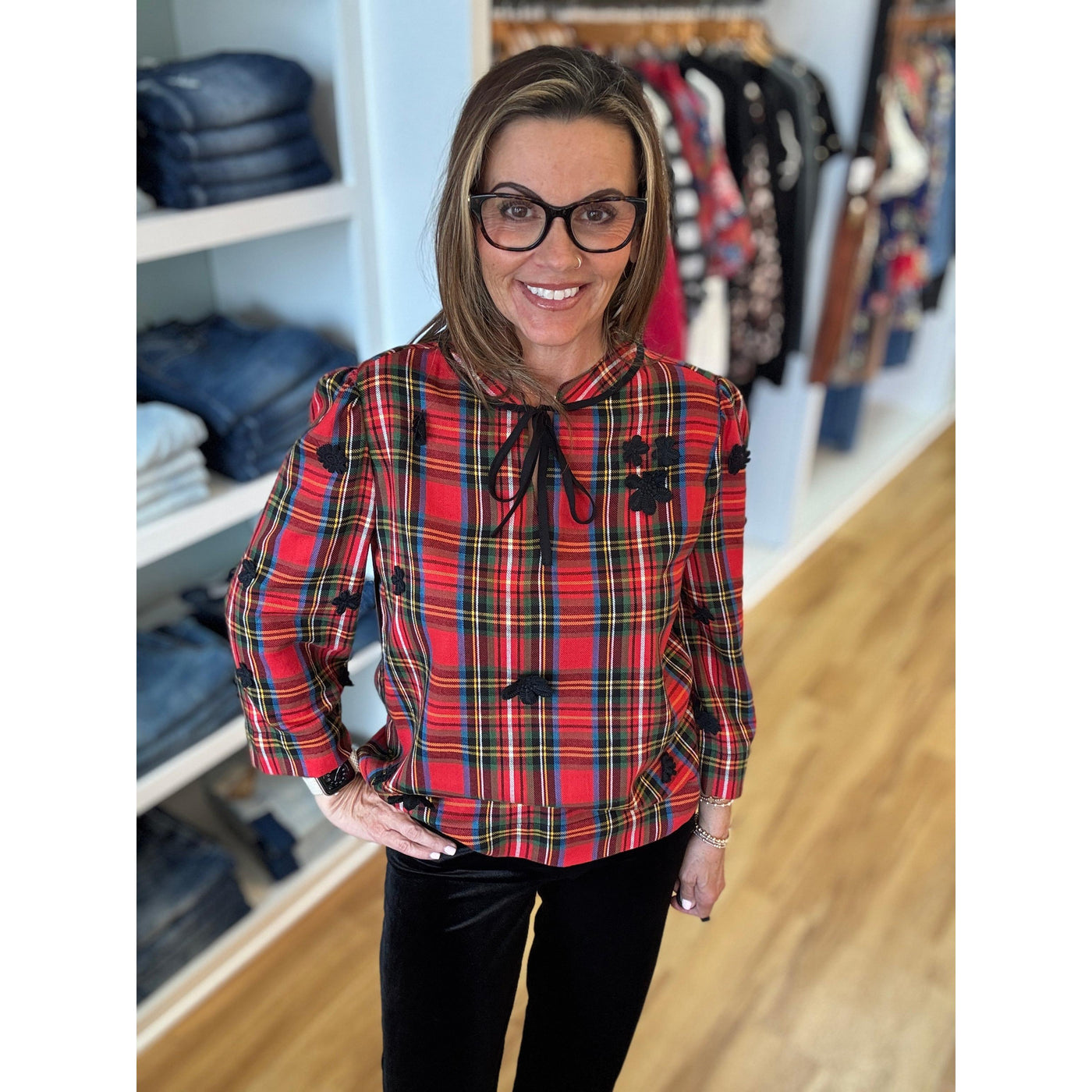 Tru Luxe Tie Neck Top - Red Plaid