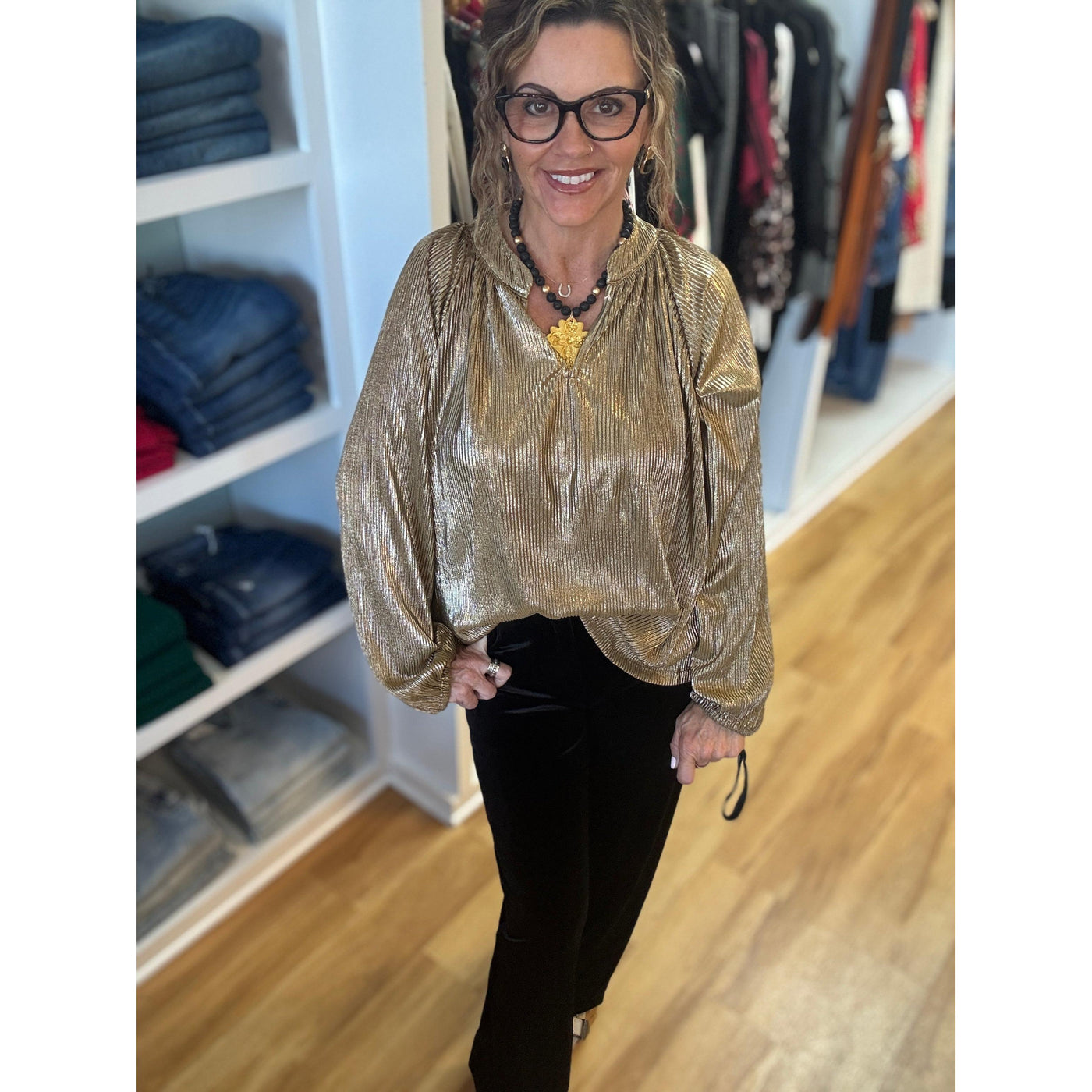 Tru Luxe Split Neck Top - Metallic Gold