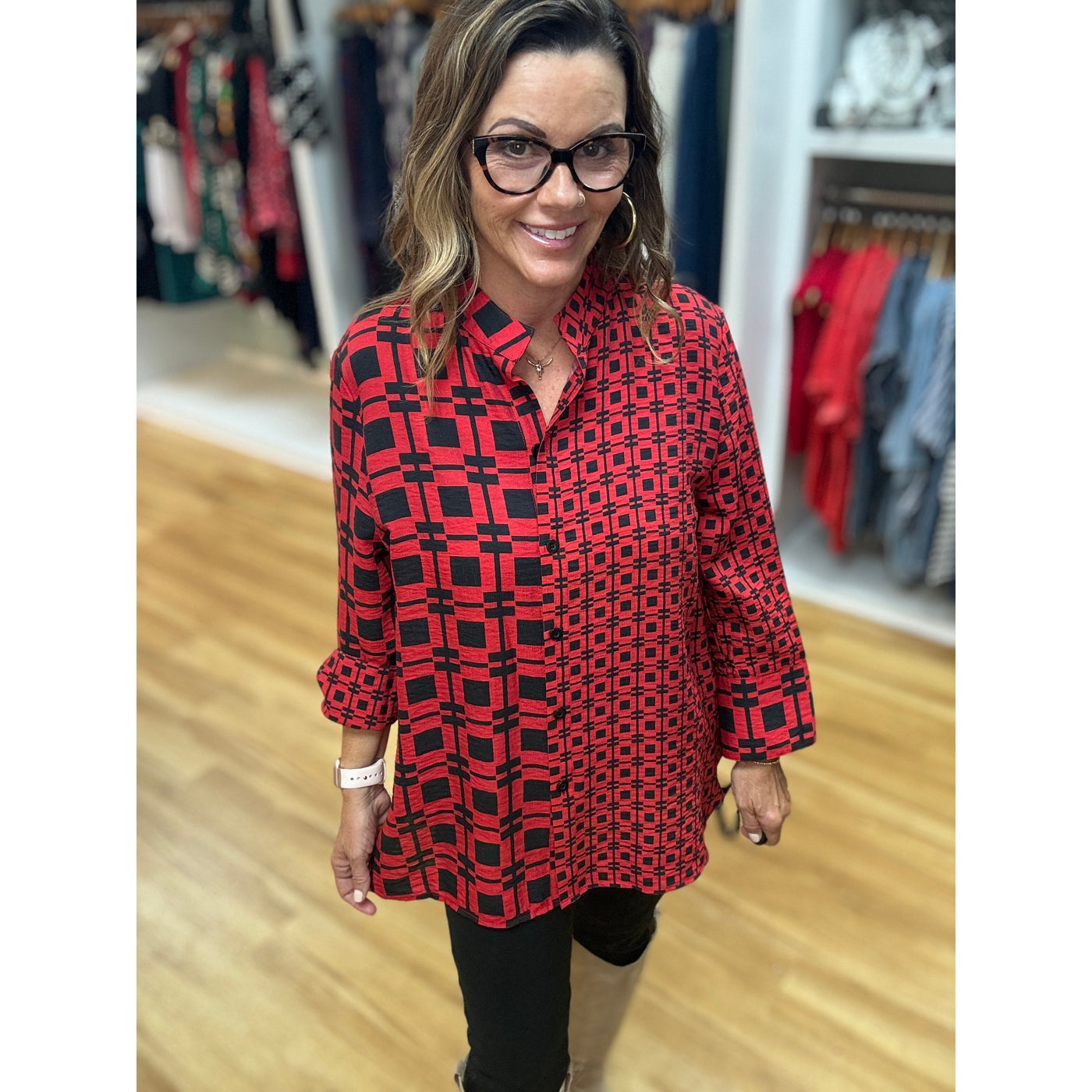 Tru Luxe Button Up Check Tunic - Red