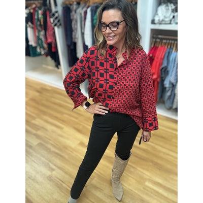Tru Luxe Button Up Check Tunic - Red