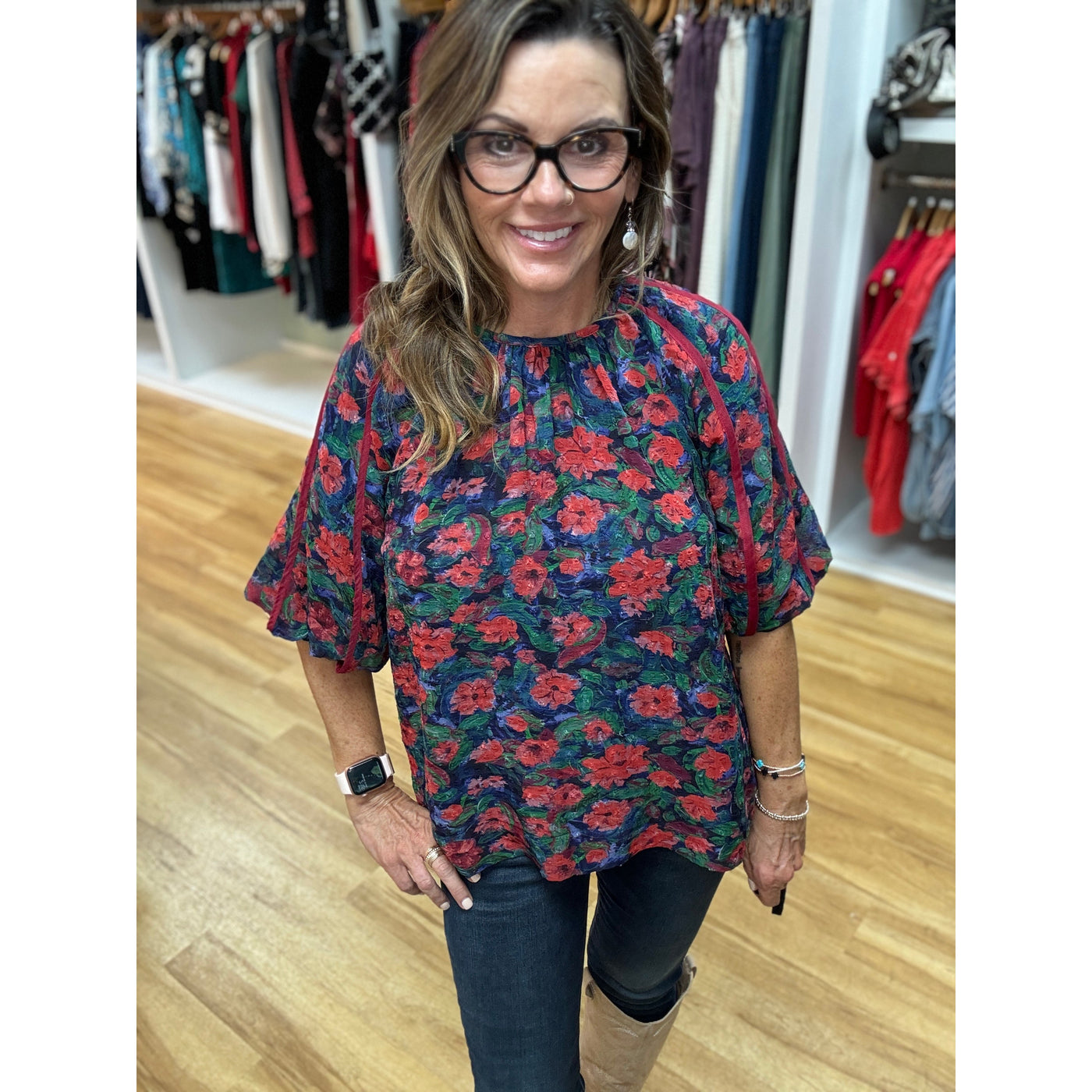 Joy Joy Trim Sleeve Top - Jewel Lilies
