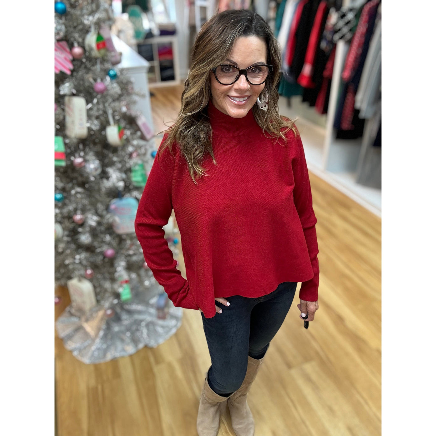 Flared Mock Neck Sweater - Red