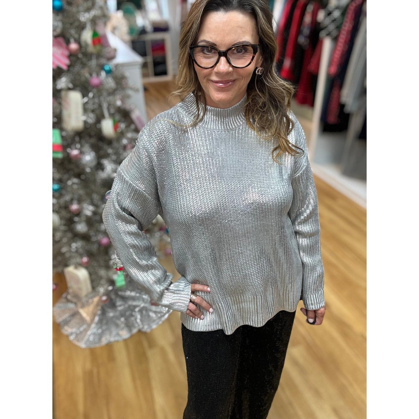 Metallic Round Neck Sweater - Silver