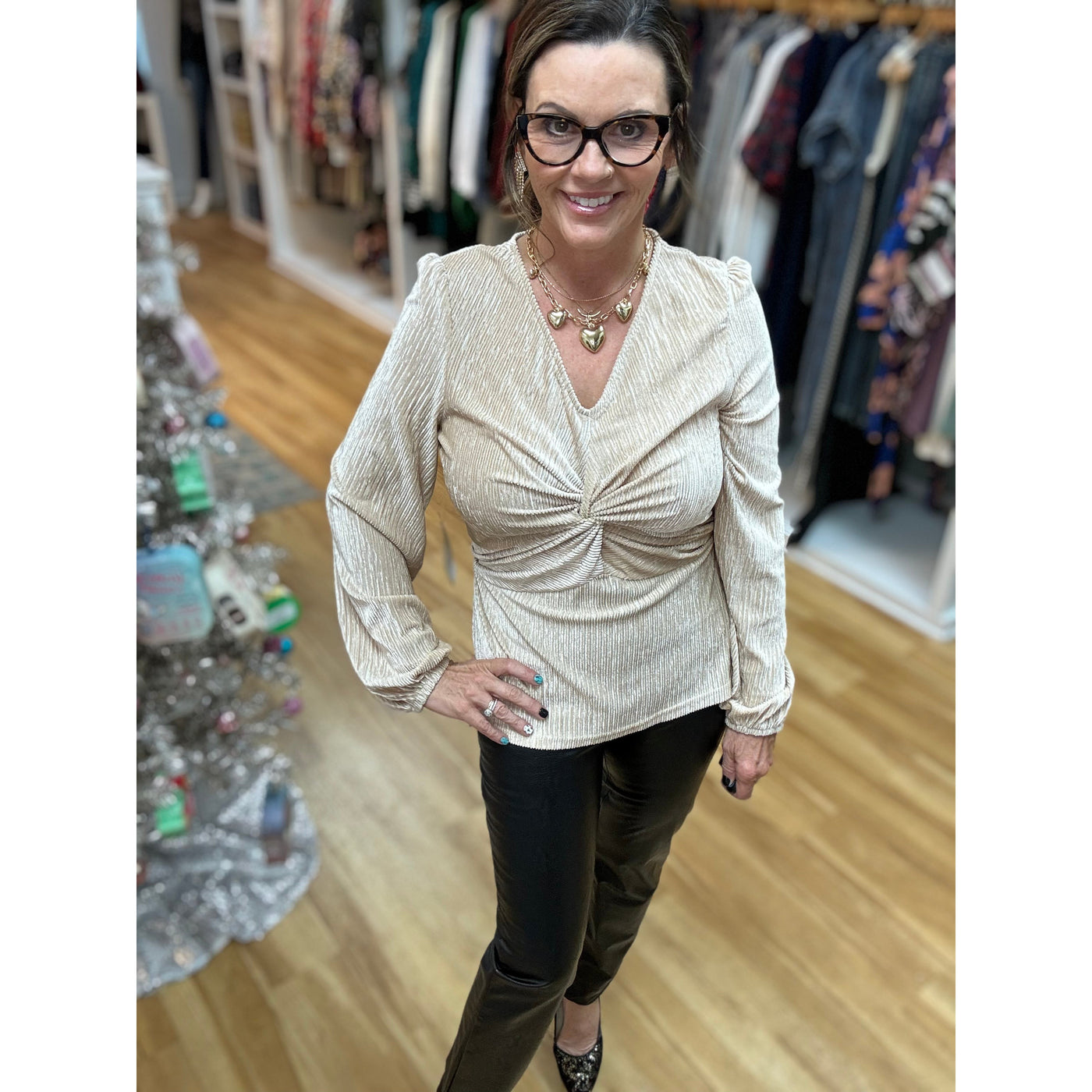 Tru Luxe Pleated Knit Top - Beige