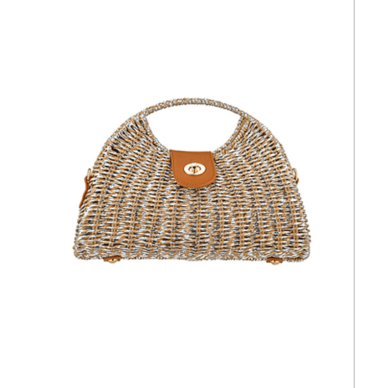 Metallic Half Moon Straw Clutch - Silver