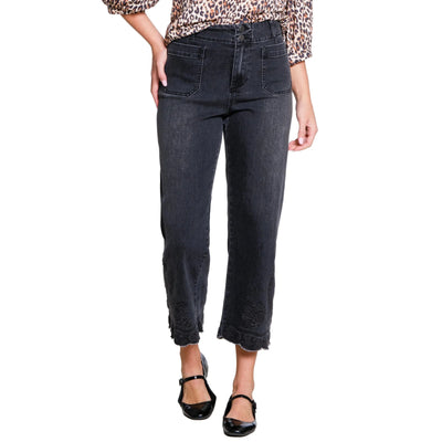 Embroidered Wide Leg Denim Crop - Black