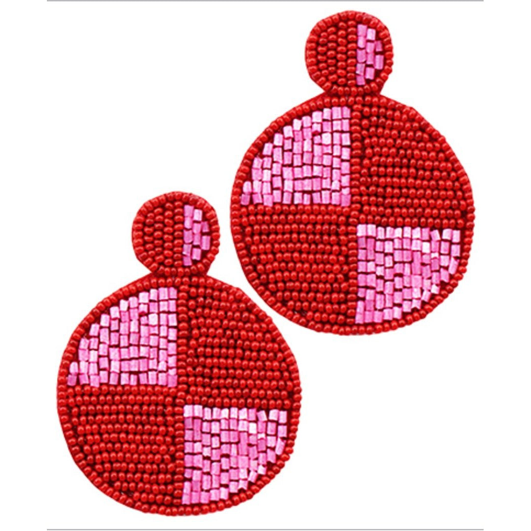 Beaded Red/Pink Disc Earrings