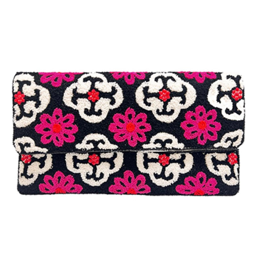 Quatrefoil & Floral Beaded Clutch